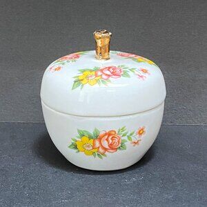 Adorable Little Apple Shaped Trinket Box - White with Hand Painted Flowers
